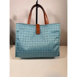 Kate Spade New York Aqua Blue Dot Noel Jacquard Tote Bag with Tan Leather Trim